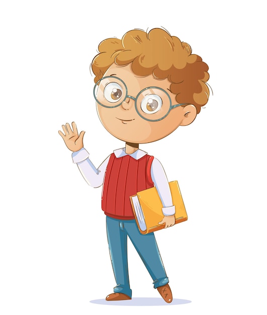 Back to school concept Cheerful schoolboy with a book Cute cartoon character