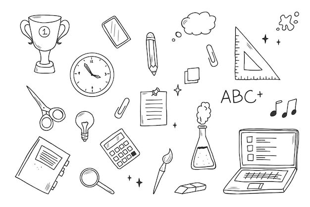 Vector back to school concept. different items for study on the white background. hand drawn doodle style.