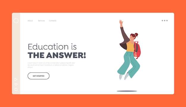 back to school concept for landing page template happy student girl jumping with backpack on shoulder