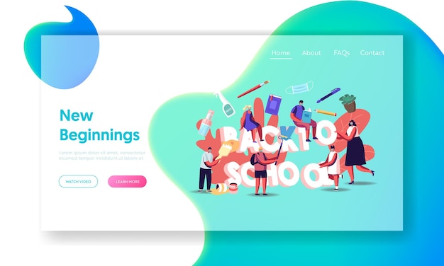 .back to school concept landing page template. students and teacher characters wearing medical masks with studying supplies and disinfectants. education in pandemic. cartoon people vector illustration