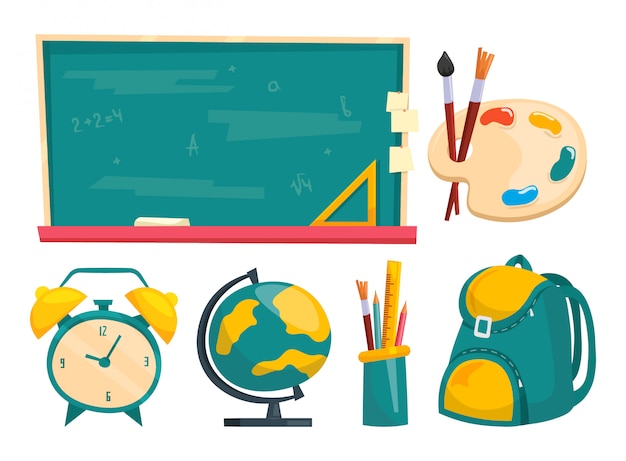 Обратно в школу концепции. Установить мультфильм школьные принадлежности. Доска, краски, будильник, глобус, рюкзак, карандаши, кисти.