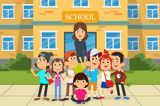 Back to school concept with young smiling woman teacher and group of kids