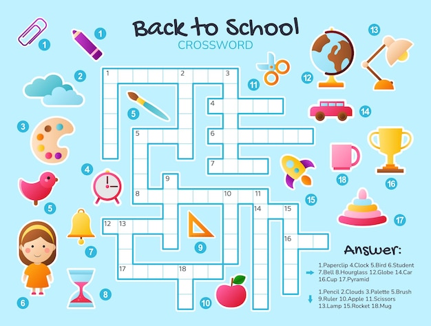 아이들을 위한 학교 크로스워드 퍼즐로 돌아가기 아이들을 위한 학용품이 있는 간단한 퀴즈
