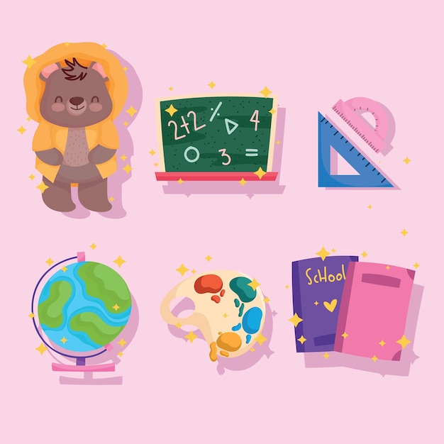 Back to school cute bear chalkboard book ruler and map icons