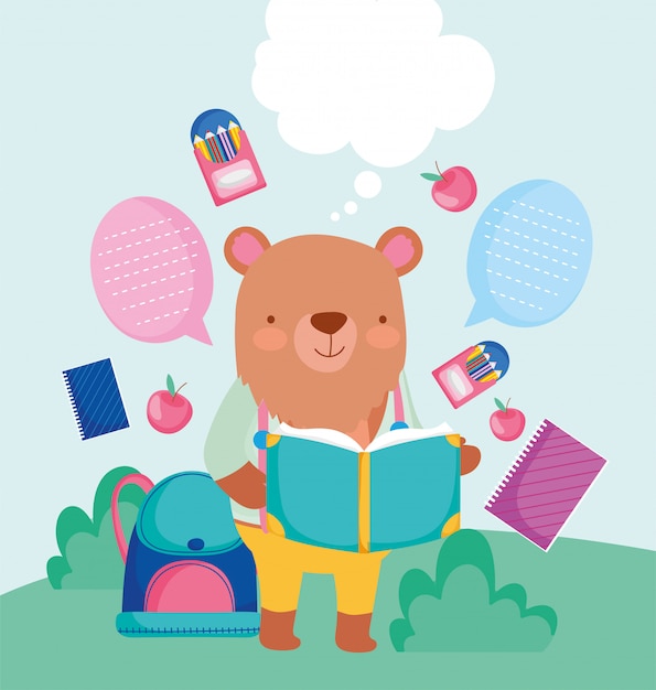 Back to school cute bear reading book backpack pencils education