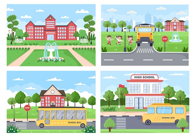 Back to school, cute bus and some children are playing in the front yard illustration