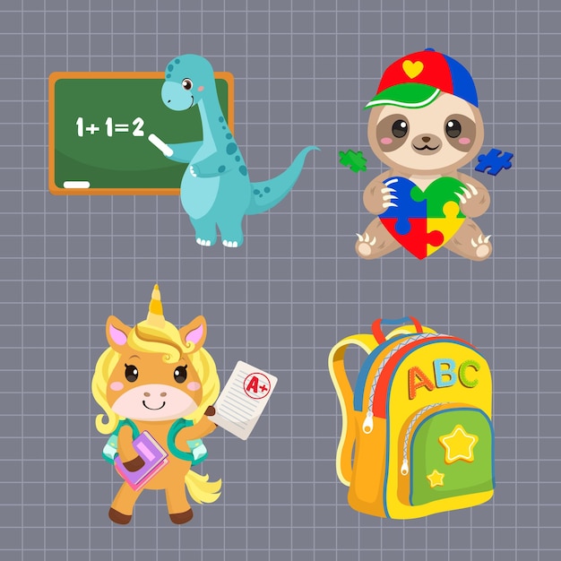 Back to school Cute cartoon animals set Vector illustration