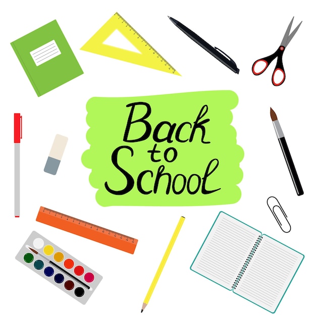 Back to school design Set of School supplies with Back to school hand drawn lettering