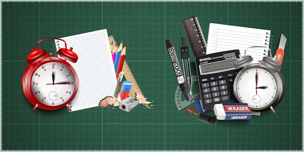 Vector back to school design with alarm clock, graphite pencil and notebook