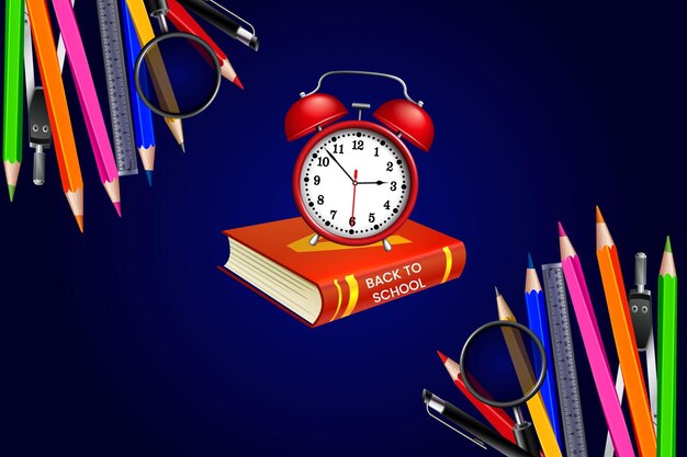 Vector back to school design with colorful pencil alarm clock school supplies and other learning items