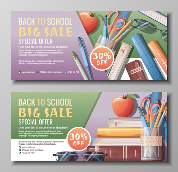 Vector back to school discount banner template learning knowledge education flyer poster with textbooks books stationery