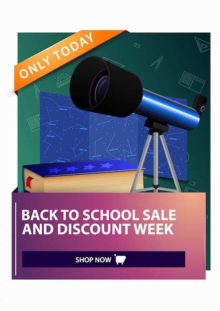 Ritorno a scuola e settimana di sconto, sconto banner web verticale con telescopio