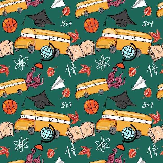 Back to school doodle seamless pattern Hand drawn illustration with school supplies