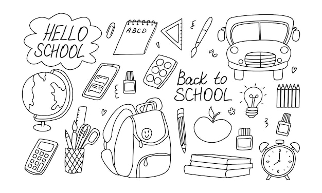 Back to School doodle set Various school stuff supplies for art reading science geography mathematics