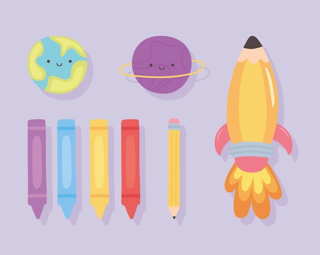 Back to school, education cartoon rocket crayons and planets icons