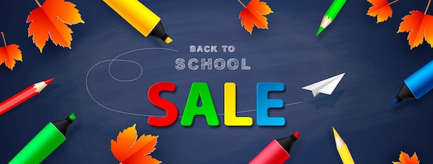 Vector back to school education discount vector banner with sale text and colorful school items on the school board vector