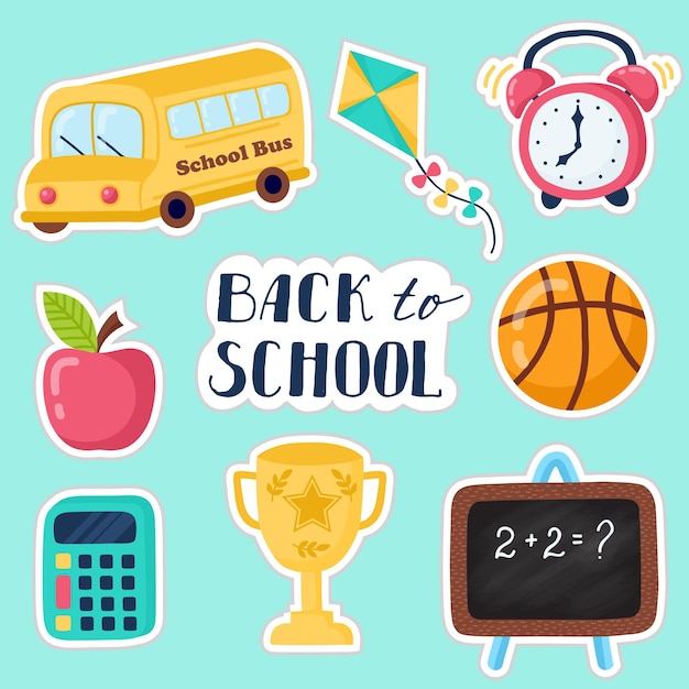 Vector back to school education hand drawn set. scrapbook set. sticker.with hat graduate, scroll, apple,books, flasks ,basketball,alarm clock,briefcase, backpack, school bus, globe, ruler