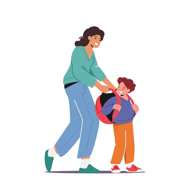 back to school, education and preparation for studying concept. mother character take on rucksack on schoolboy prepare for lesson. boy pupil ready for education. cartoon people vector illustration