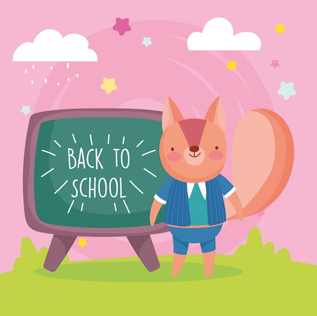 Back to school education squirrel with uniform and chalkboard