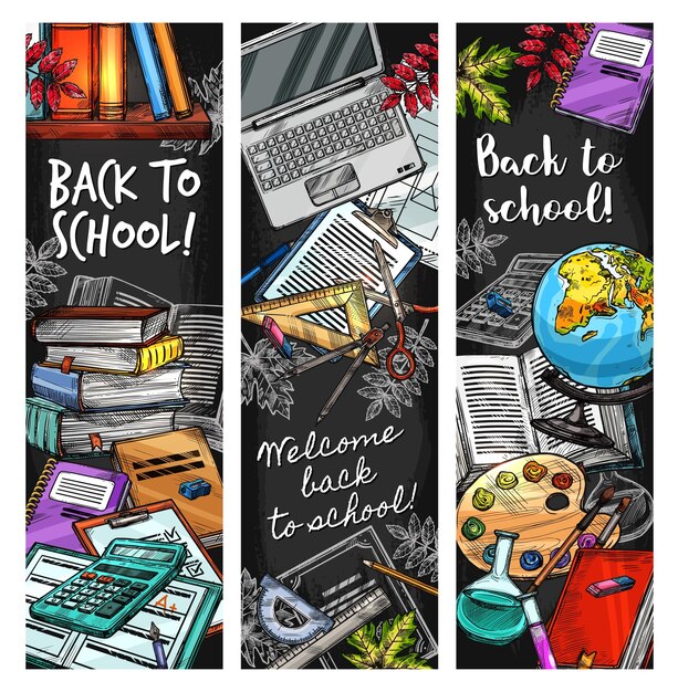 Vector back to school education stationery on blackboard