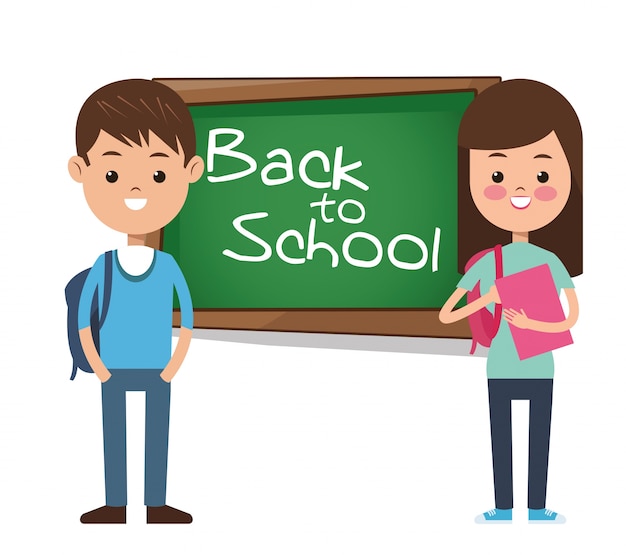 学校の女の子の少年の瞳孔のバックパックの本に戻って