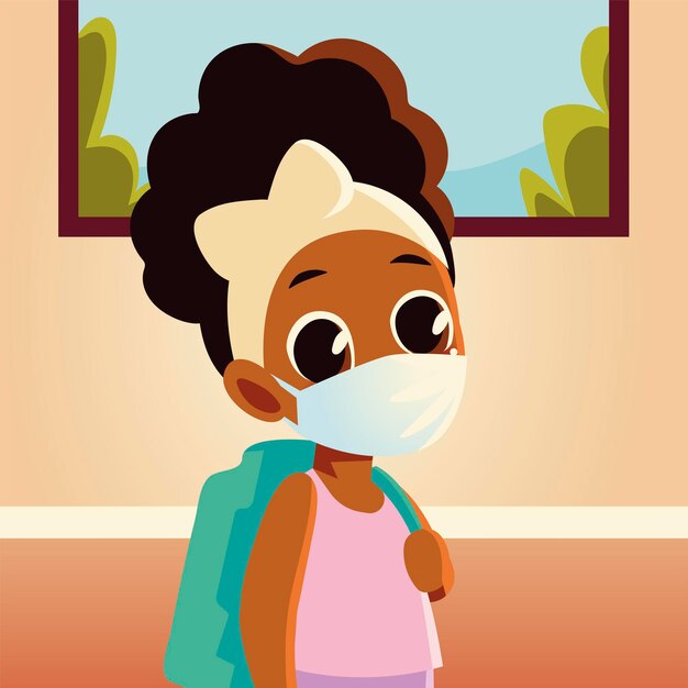 Vector back to school of girl kid with medical mask and bag , social distancing and education theme