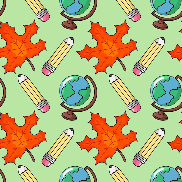 Back to school globe pencil maple leaf vector seamless pattern in the style of doodles hand drawn