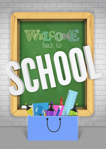Back to school green blackboard colorful banner concept for sale promo Welcoming poster with study supplies