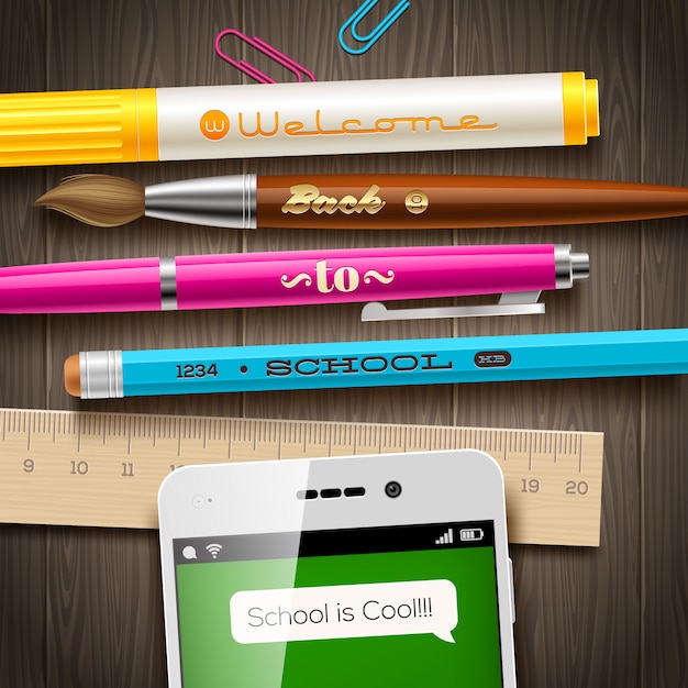 Back to school greeting - illustration with smartphone and stationery items