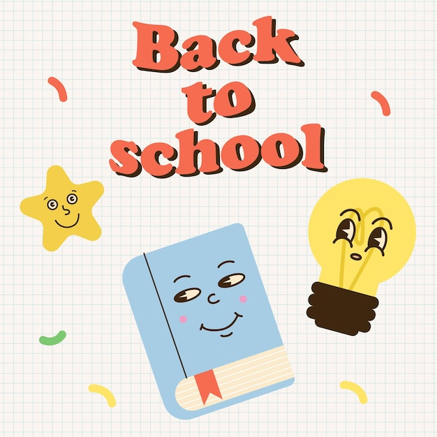 Vector back to school groovy school characters knowledge and education in retro vintage cartoon vector