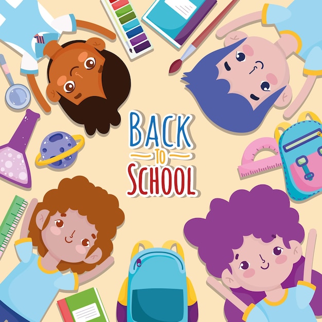 Back to School group students cartoon stationery supplies education  illustration