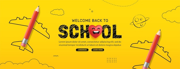 Back to school horizontal banner with colored pencil plane, online courses learning and tutorials