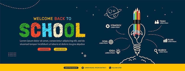 Vettore infografica orizzontale ritorno a scuola con matita razzo lanciata nello spazio corsi online apprendimento e tutorial modello di pagina web concetto di formazione online