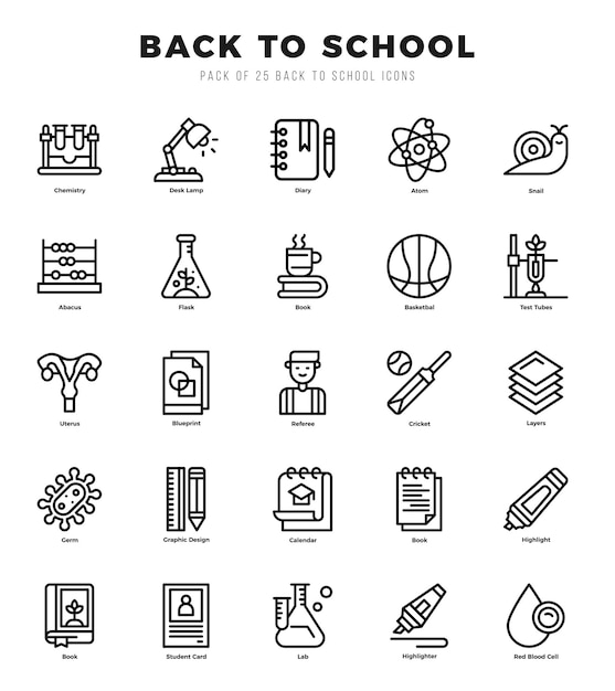 Сборник икон "Назад в школу" Линейный стиль икон Векторная иллюстрация