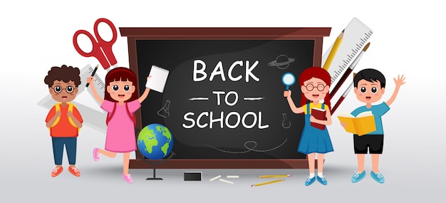 Back to school  illustration with school kids, chalkboard, stationery, school items and elements