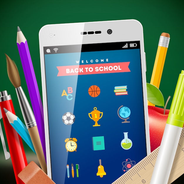 Vector back to school - illustration with smartphone and stationery items