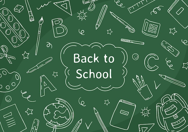 Back to school Inscription drawn in white chalk on a blackboard with school supplies doodle Banner