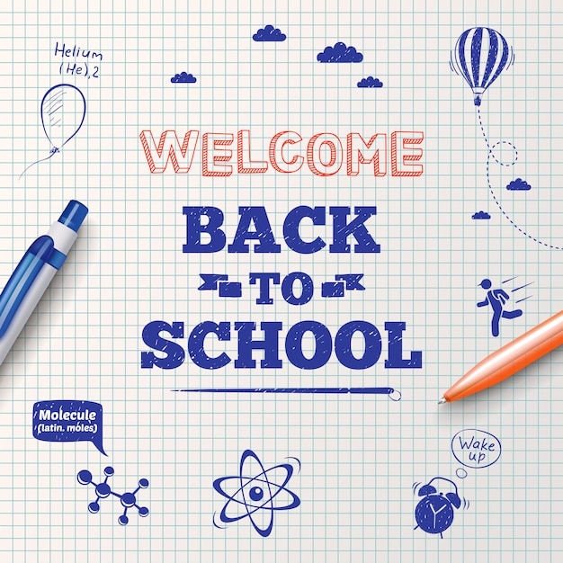 Back to school inscription with stationery items and hand drawn icons