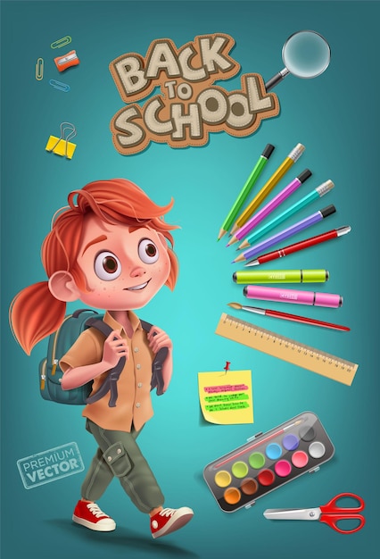 Vector back to school kids schoolgirl with backpack and notepad pen colors ruler scissors magnifier e