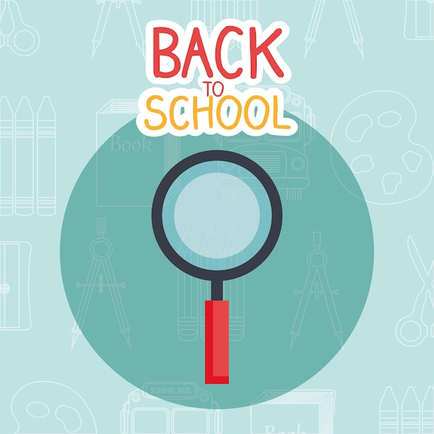 Vector back to school label with magnifying gkass