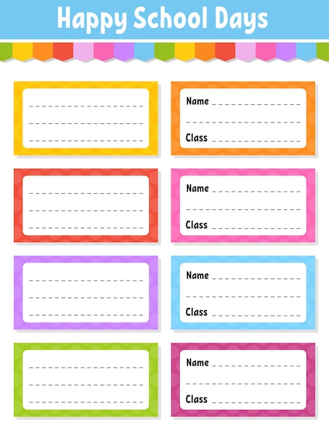 Back to school labels set stickers for notebook name and class bright stickers rectangular label