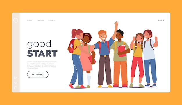 Back to school landing page template pupils boys and girls with backpacks and textbooks stand in row happy students