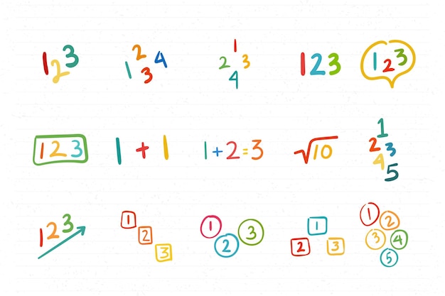 Vettore ritorno a scuola imparando l'elemento numerico carino arte infantile del doodle set di decorazioni per bambini