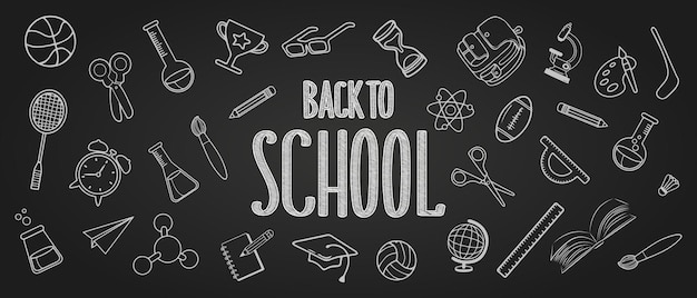 Back to school Lettering and handdrawn doodles freehand school items on a sheet of notebook
