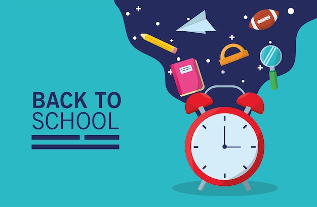 Vector back to school lettering season with alarm clock and supplies flow