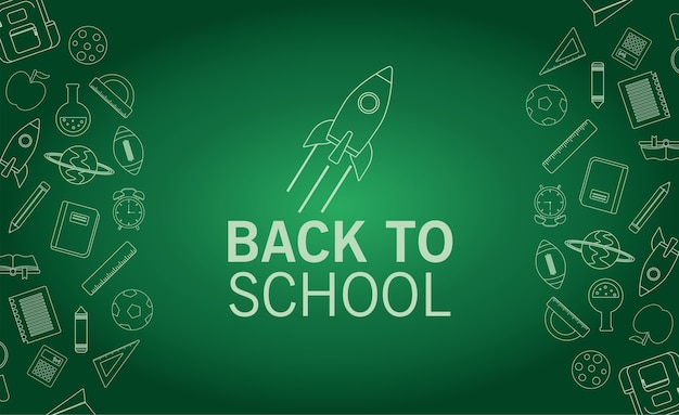 Back to school lettering season with rocket in chalboard background