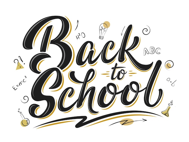 Vector back to school lettering sign black and gold text isolated on white design with education elements for leaflets cards envelopes covers poster banner flyer mail sticker vector illustration