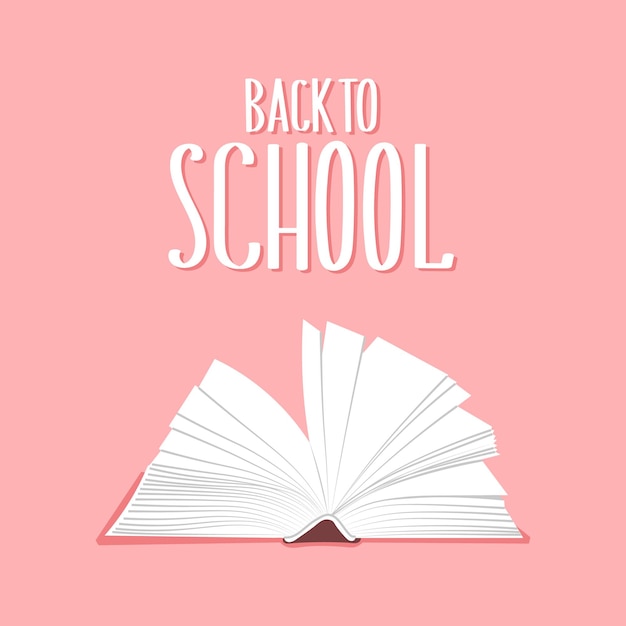 Back to school lettering with open book on a pink background Calligraphic handwritten inscription