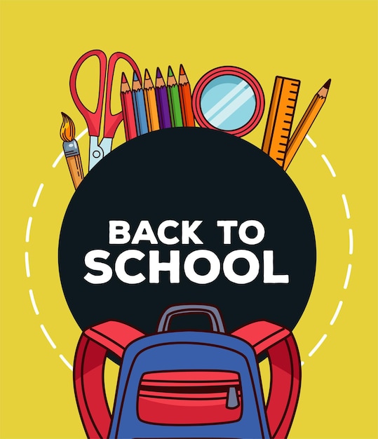 Back to school lettering with supplies and schoolbag