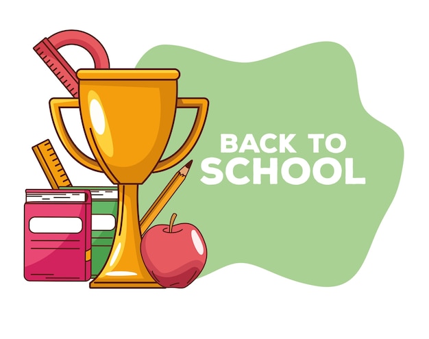 Vector back to school lettering with trophy and items